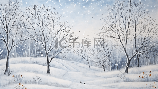 灰蓝色乡村田野树林雪景插画