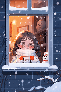 冬天可爱女孩手绘插画咖啡雪人赏雪