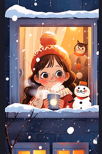 手绘插画冬天可爱女孩咖啡雪人赏雪