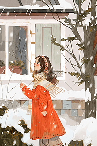 冬天插画下雪可爱女孩唯美手绘