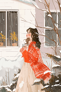 叶子的树插画图片_冬天下雪可爱女孩手绘唯美插画