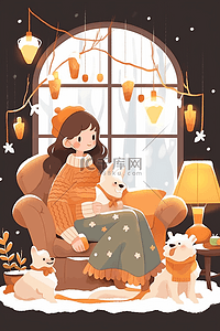 一个坐着喝咖啡的插画图片_冬天室内女孩插画喝咖啡圣诞节手绘