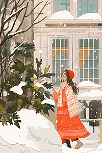 叶子的树插画图片_冬天可爱女孩下雪唯美手绘插画