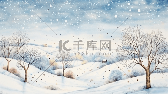 灰蓝色插画图片_灰蓝色乡村田野树林雪景插画