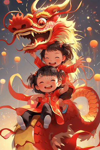 迎新年可爱孩子插画舞龙手绘