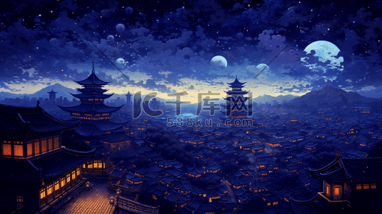 中国风元宵节古镇夜景插画21