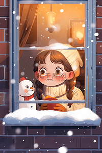 内有插画图片_冬天可爱女孩咖啡雪人手绘插画赏雪