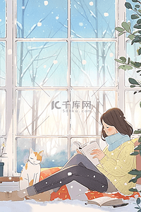 一个女孩坐着的插画图片_冬日手绘暖阳窗前女孩看书插画