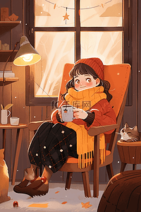 一个坐着喝咖啡的插画图片_喝咖啡女孩手绘冬天插画海报