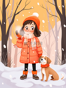 黑色小狗插画图片_冬天下雪可爱女孩元素咖啡手绘