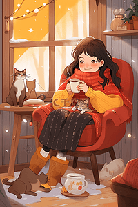 冬天喝咖啡手绘女孩插画海报