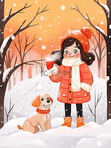 红色渐变背景插画图片_手绘元素冬天下雪可爱女孩咖啡