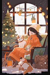 一个坐着喝咖啡的插画图片_室内女孩喝咖啡圣诞节冬天手绘插画