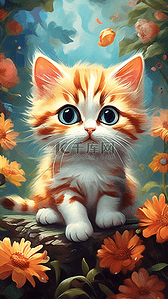 方形花边插画图片_卡通小花猫在小花边边