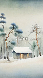 清新国风肌理磨砂质感雪景冬景插画