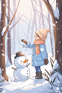 冬天雪景雪人可爱孩子手绘插画海报