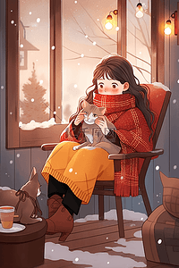 手绘冬天喝咖啡女孩插画海报
