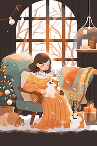 一个坐着喝咖啡的插画图片_手绘冬天室内女孩喝咖啡圣诞节插画