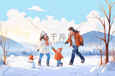 冬天玩耍雪地一家人手绘插画海报