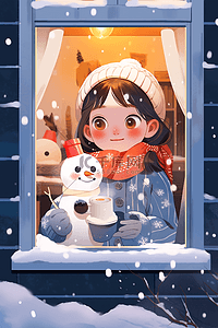 深蓝色海报插画图片_冬天手绘插画可爱女孩咖啡雪人赏雪