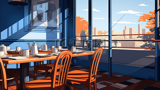蓝色高档插画图片_高档餐厅内部橙色和蓝色19