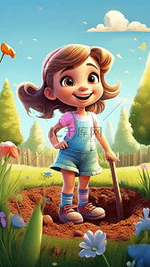 挖土机名片插画图片_小女孩在花园里挖土自然光卡通
