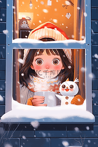 内有插画图片_冬天可爱女孩手绘咖啡雪人赏雪插画