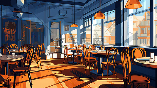 蓝色高档插画图片_高档餐厅内部橙色和蓝色6