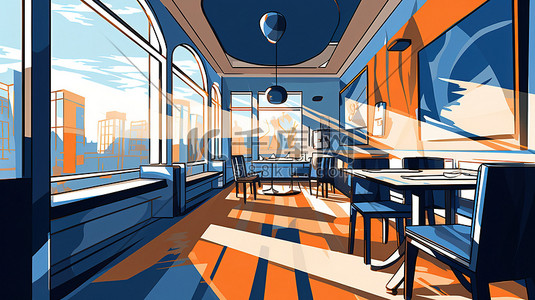 高档信纸插画图片_高档餐厅内部橙色和蓝色3