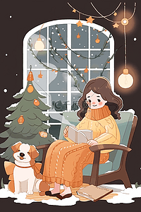 一个坐着喝咖啡的插画图片_冬天室内女孩喝咖啡手绘插画圣诞节