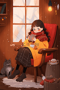 冬天的室内插画图片_喝咖啡冬天女孩手绘插画海报