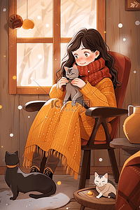 一个坐着喝咖啡的插画图片_冬天女孩喝咖啡手绘插画海报