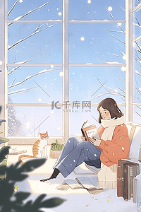 一个女孩坐着的插画图片_暖阳窗前女孩看书冬日手绘插画