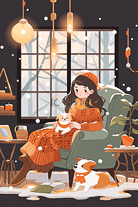 冬天插画室内女孩喝咖啡圣诞节手绘