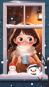 内有插画图片_可爱女孩咖啡雪人冬天赏雪手绘插画
