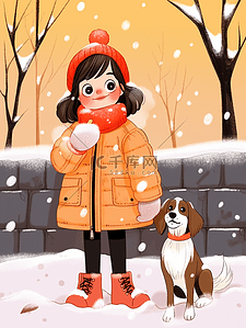 高对比插画图片_冬天下雪手绘元素可爱女孩咖啡