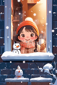 冬天可爱女孩咖啡雪人手绘赏雪插画