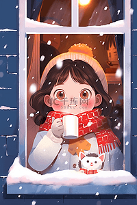 深蓝色海报插画图片_冬天可爱女孩咖啡雪人赏雪插画手绘