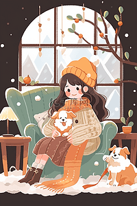 一个坐着喝咖啡的插画图片_室内女孩喝咖啡圣诞节手绘插画冬天