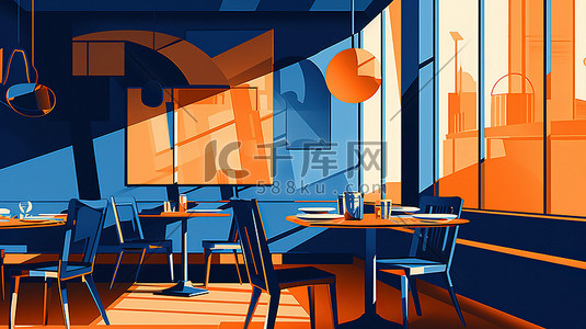 高档标签插画图片_高档餐厅内部橙色和蓝色4