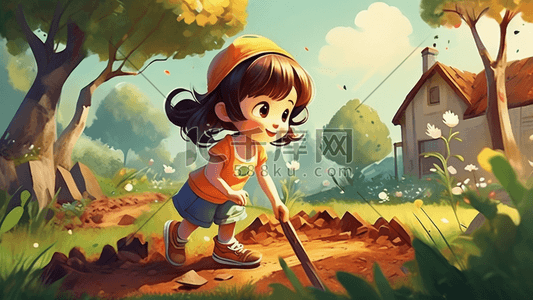 小女孩在花园里挖土自然光卡通