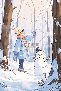 雪景背景卡通插画图片_雪景可爱孩子雪人手绘插画海报冬天