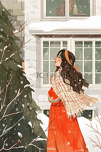 叶子的树插画图片_冬天下雪可爱女孩手绘插画唯美