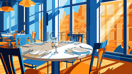 橙色装饰插画图片_高档餐厅内部橙色和蓝色8