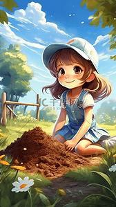 卡通小女孩在插画图片_小女孩在花园里挖土自然光卡通