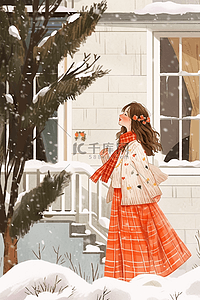 冬天唯美下雪可爱女孩手绘插画