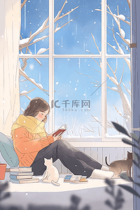 一个女孩坐着的插画图片_窗前冬日暖阳女孩看书手绘插画