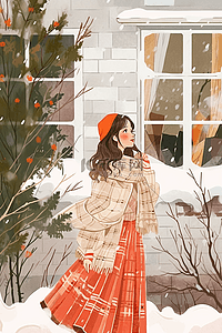 格子插画图片_下雪可爱女孩唯美手绘插画冬天