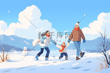 雪地里玩耍插画图片_海报冬天雪地一家人玩耍手绘插画