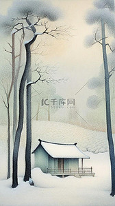 清新国风肌理磨砂质感雪景冬景插画